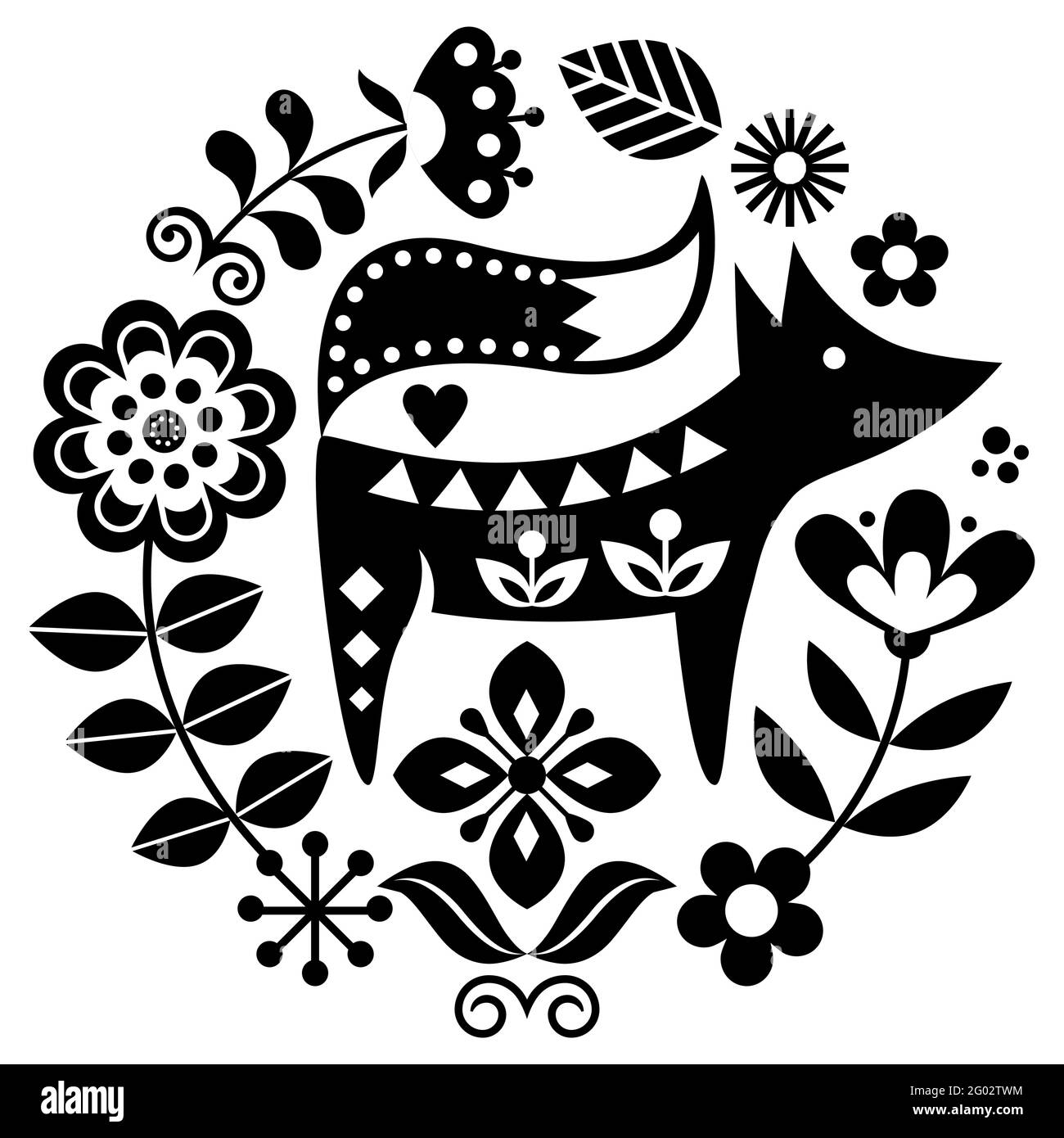 Disegno circolare vettoriale d'arte folcloristica scandinava con fiori e volpe, biglietto d'auguri floreali in bianco e nero o invito ispirato al ricamo tradizionale Illustrazione Vettoriale