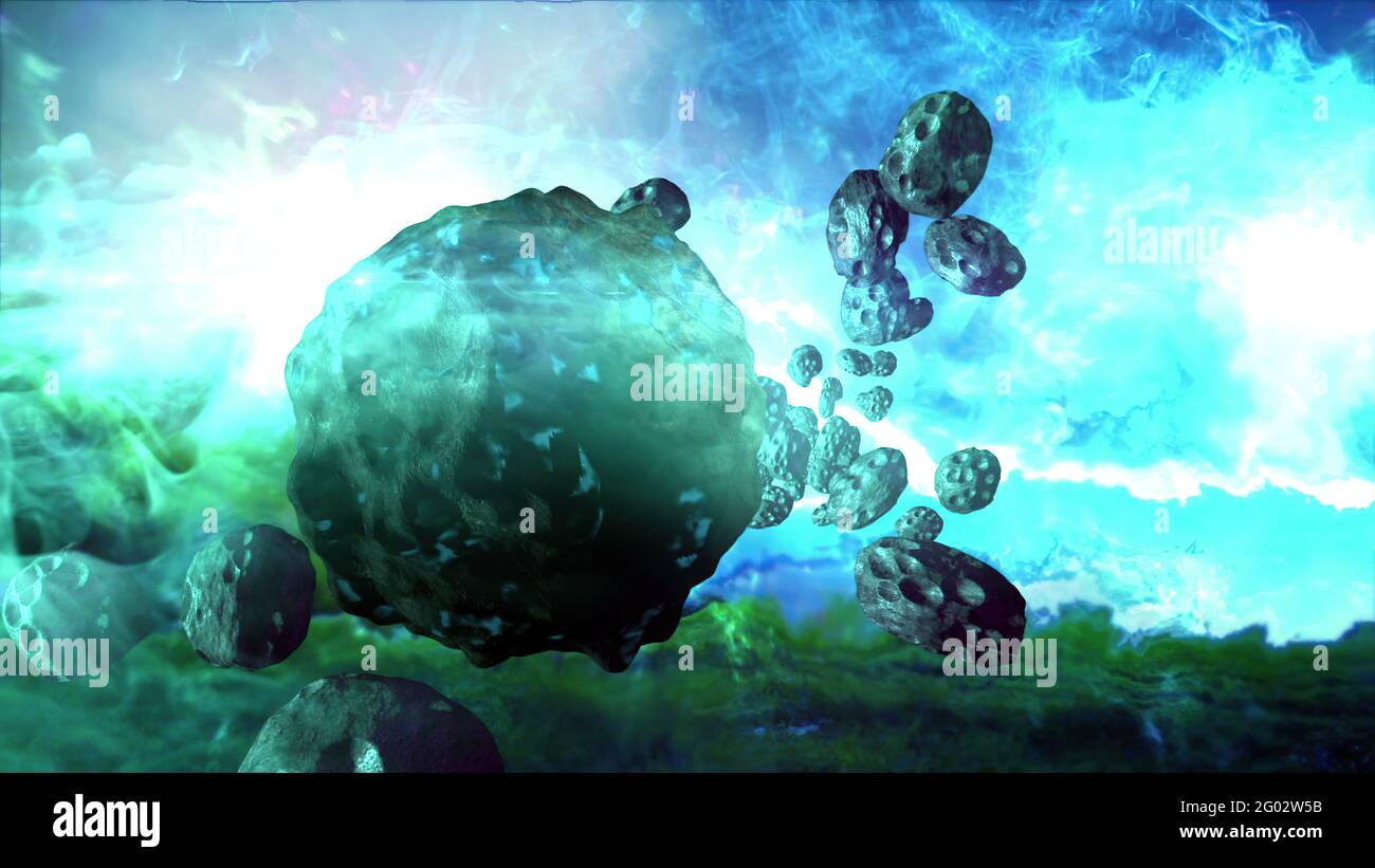 Illustrazione 3d - campo di Nebula e asteroide in Deep Space Foto Stock