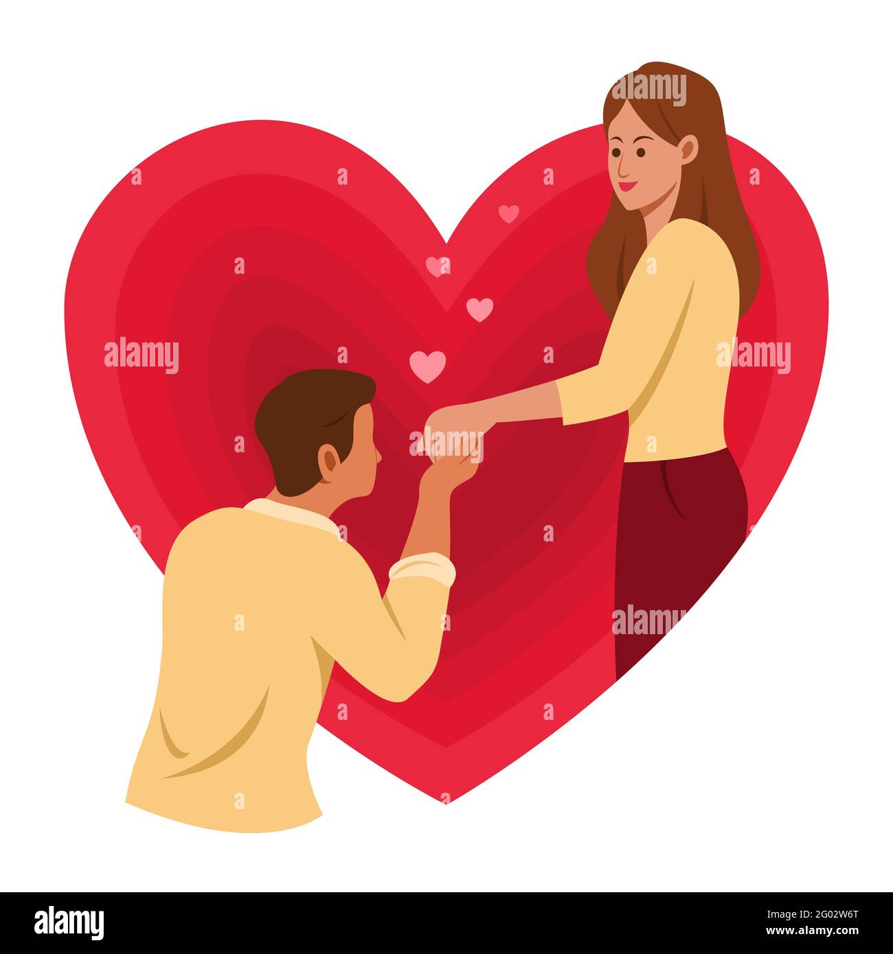 L'uomo Flirt una donna sta in piedi nel cuore grande è simbolo di amore. Illustrazione Vettoriale
