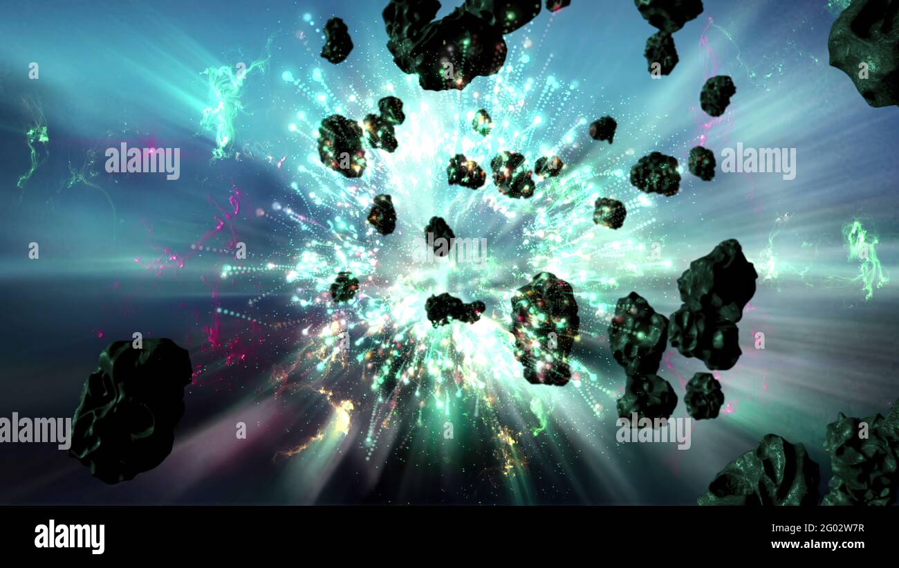 Illustrazione 3d - campo di Nebula e asteroide in Deep Space Foto Stock