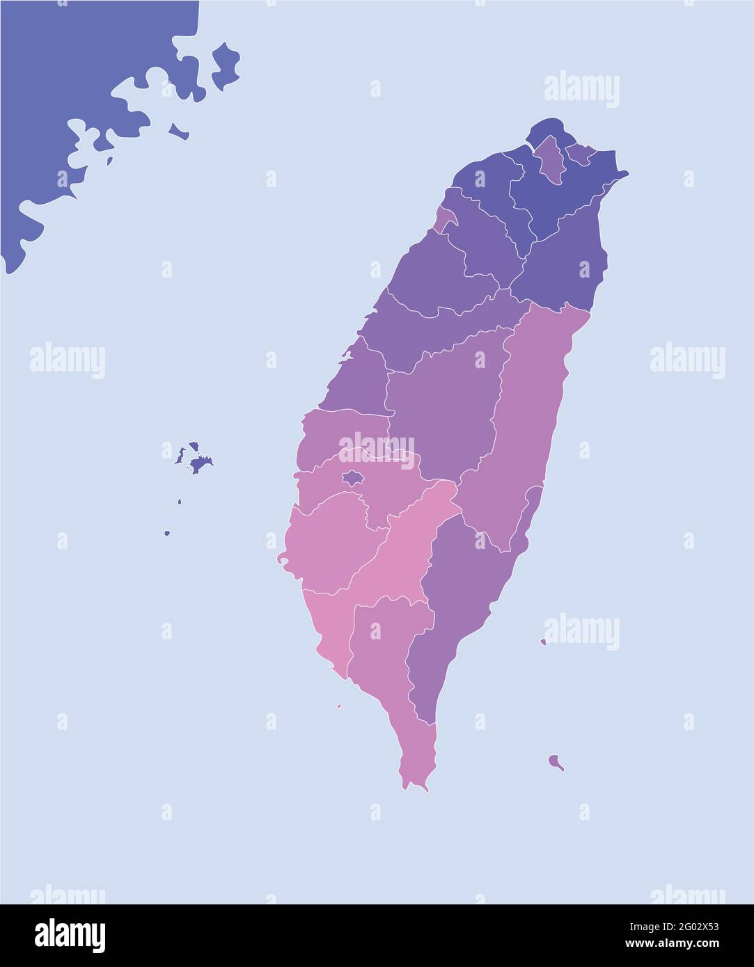 Illustrazione vettoriale. Mappa geografica semplificata di Taiwan (Repubblica di Cina) e delle zone più vicine. Sfondo blu di mari. Confine di taiwan Illustrazione Vettoriale