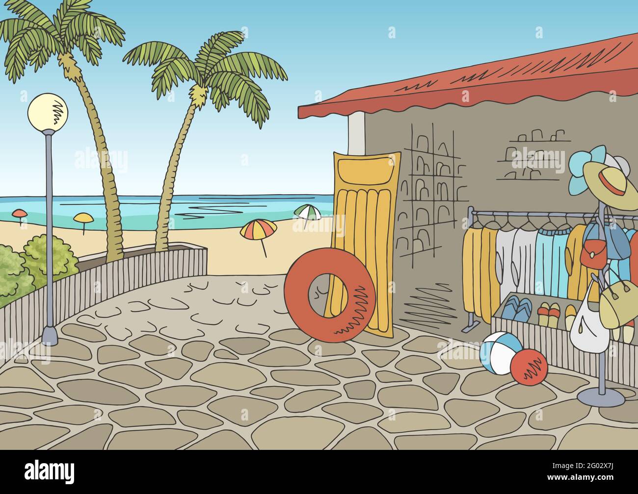 Spiaggia negozio grafico colore paesaggio disegno vacanza illustrazione vettore Illustrazione Vettoriale