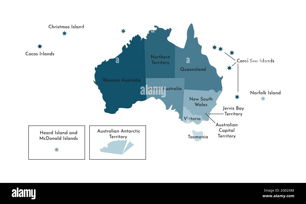 Vettore isolato illustrazione della mappa amministrativa semplificata dell'Australia. Frontiere e nomi delle regioni. Silhouette blu cachi colorate. Illustrazione Vettoriale