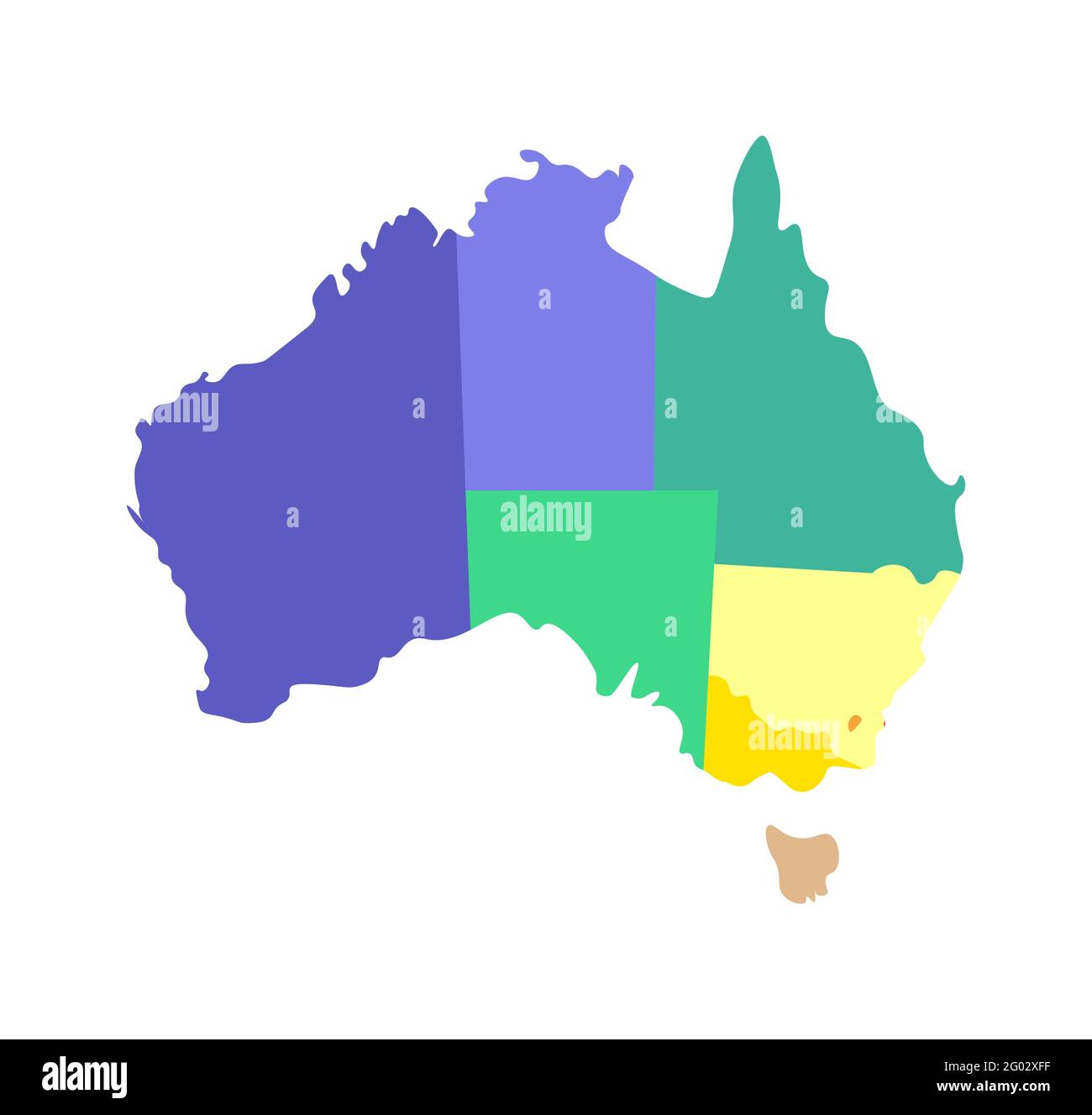 Illustrazione isolata da vettori della mappa amministrativa semplificata dell'Australia, compresi solo i territori più vicini. Confini delle regioni. Multicolore Illustrazione Vettoriale