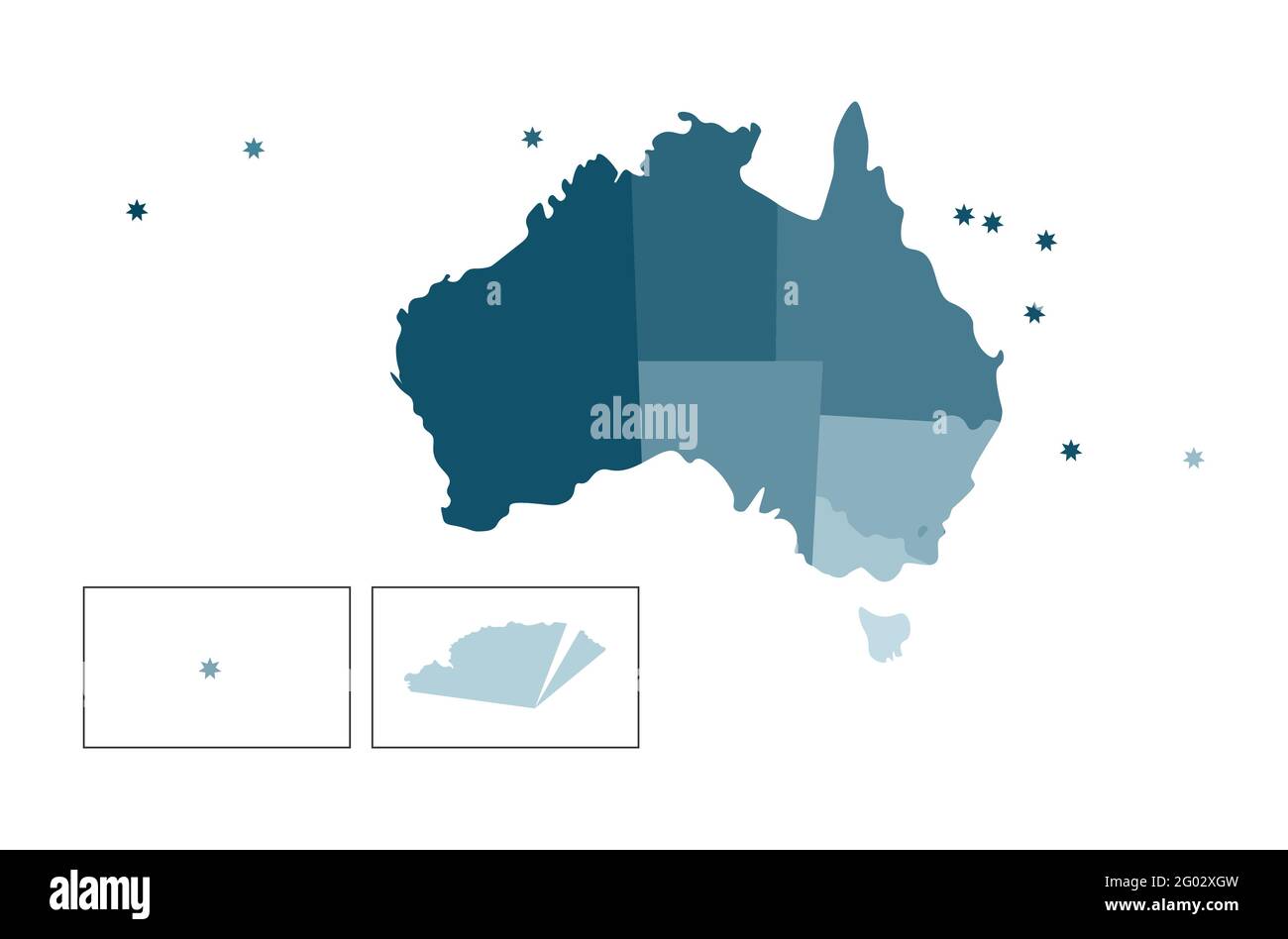 Vettore isolato illustrazione della mappa amministrativa semplificata dell'Australia. Confini delle regioni. Silhouette blu cachi colorate. Illustrazione Vettoriale