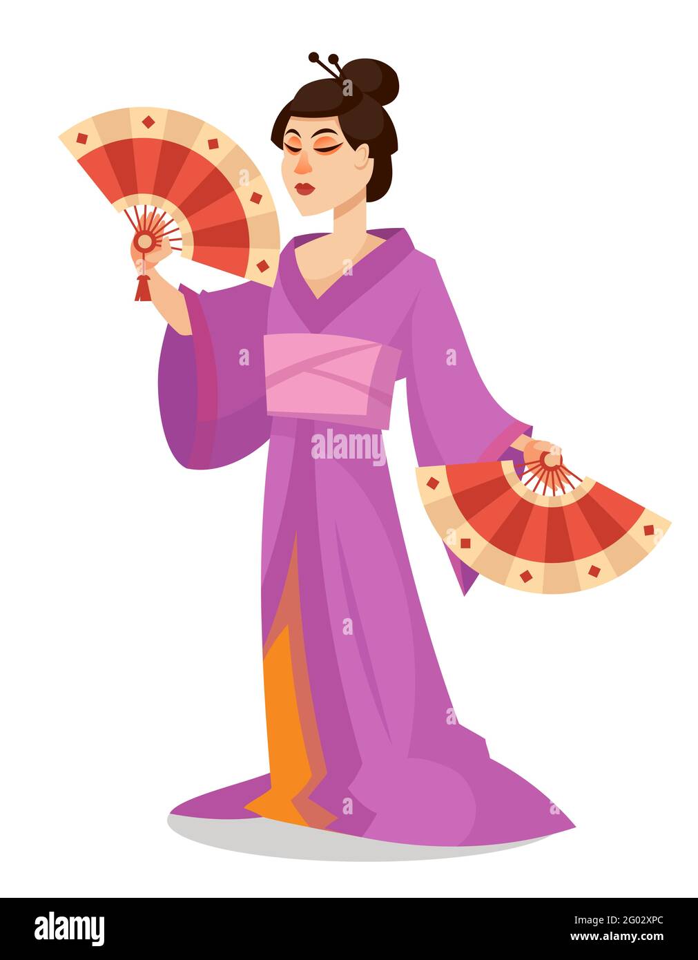 Geisha che tiene i ventilatori. Personaggio giapponese femminile in stile cartoon. Illustrazione Vettoriale