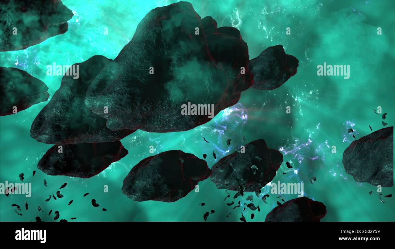 Illustrazione 3d - campo di Nebula e asteroide in Deep Space Foto Stock