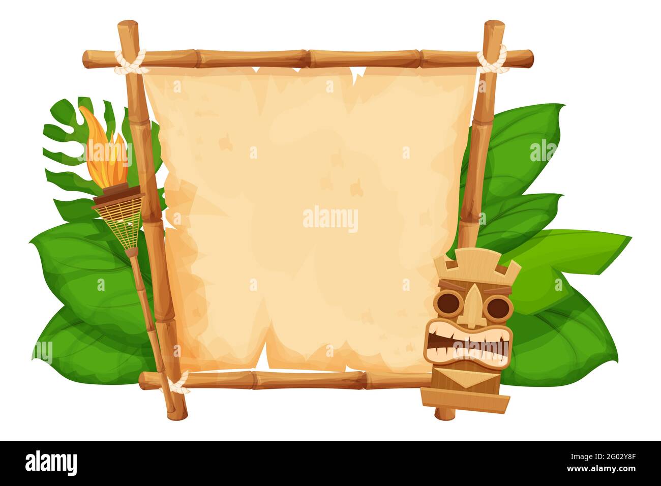 Maschera tribale hawaiana Tiki, statuetta con volto umano su cornice di bambù con pergamena, torcia in stile cartoon decorato esotico, foglie di palma isolate su sfondo bianco. Dio dall'antica cultura delle Hawaii. . Illustrazione vettoriale Illustrazione Vettoriale