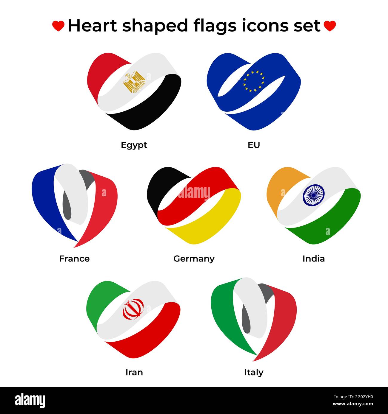 Set di icone di bandiere a forma di cuore. Flag icona da ricci nastro. Icona vettore, simbolo, pulsante. Illustrazione in stile piatto Illustrazione Vettoriale