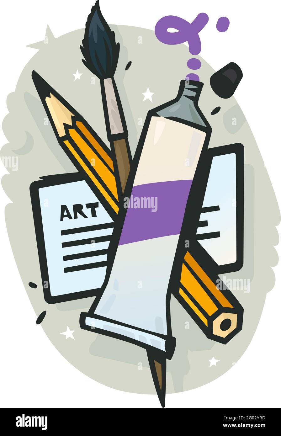 Set dell'artista. Un tubo di vernice, un pennello e una matita. Vettore. Illustrazione di un negozio d'arte. Illustrazione Vettoriale