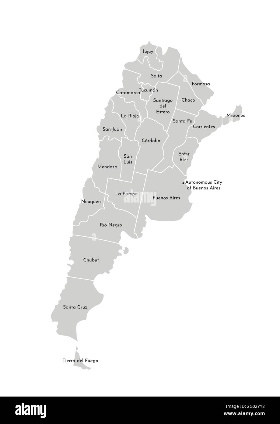Vettore isolato illustrazione della mappa amministrativa semplificata dell'Argentina. Frontiere e nomi delle province (regioni). Sagome grigie. Illustrazione Vettoriale