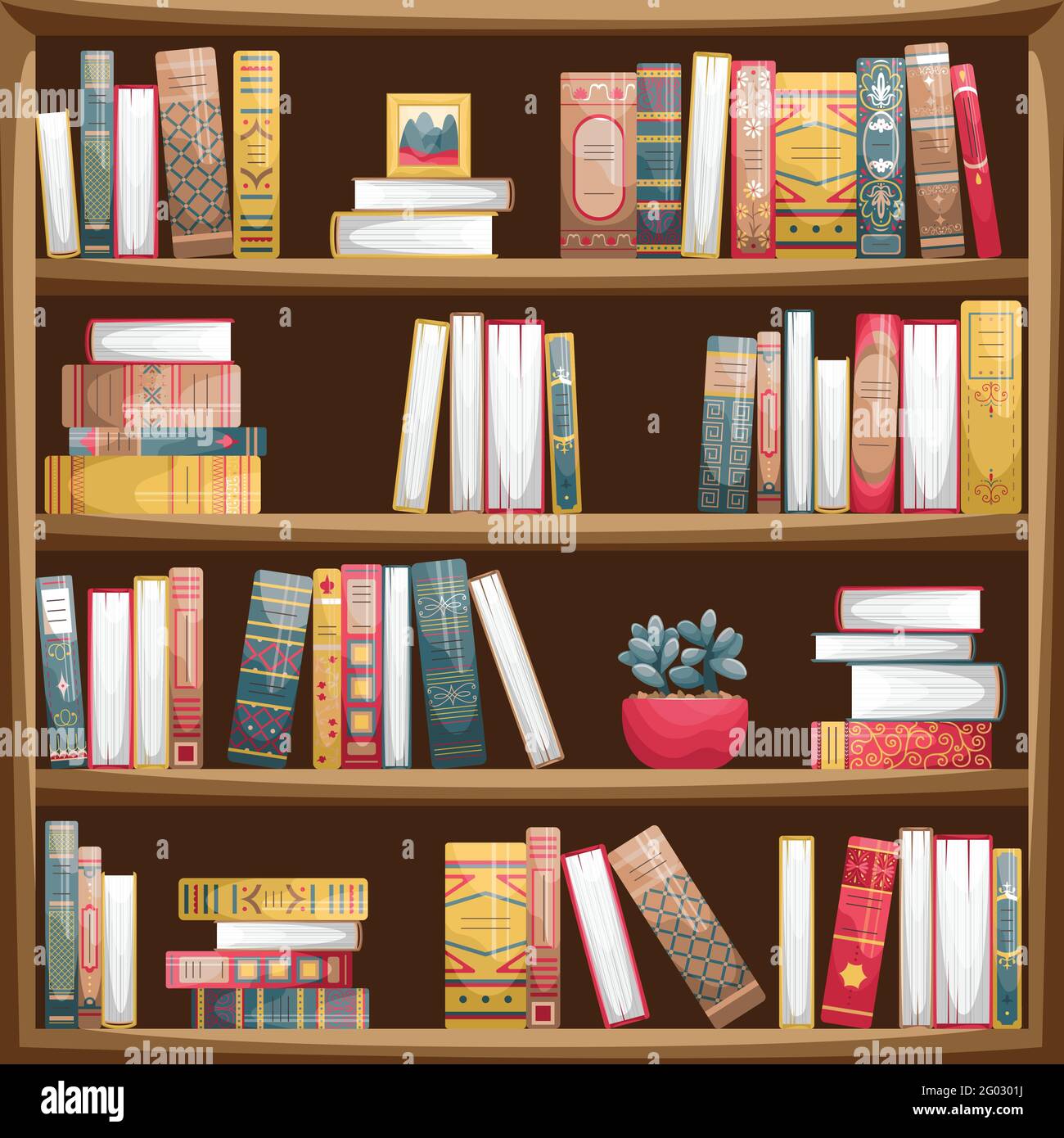 Libreria in legno con libri. Libro spine in stile retrò. Illustrazione Vettoriale