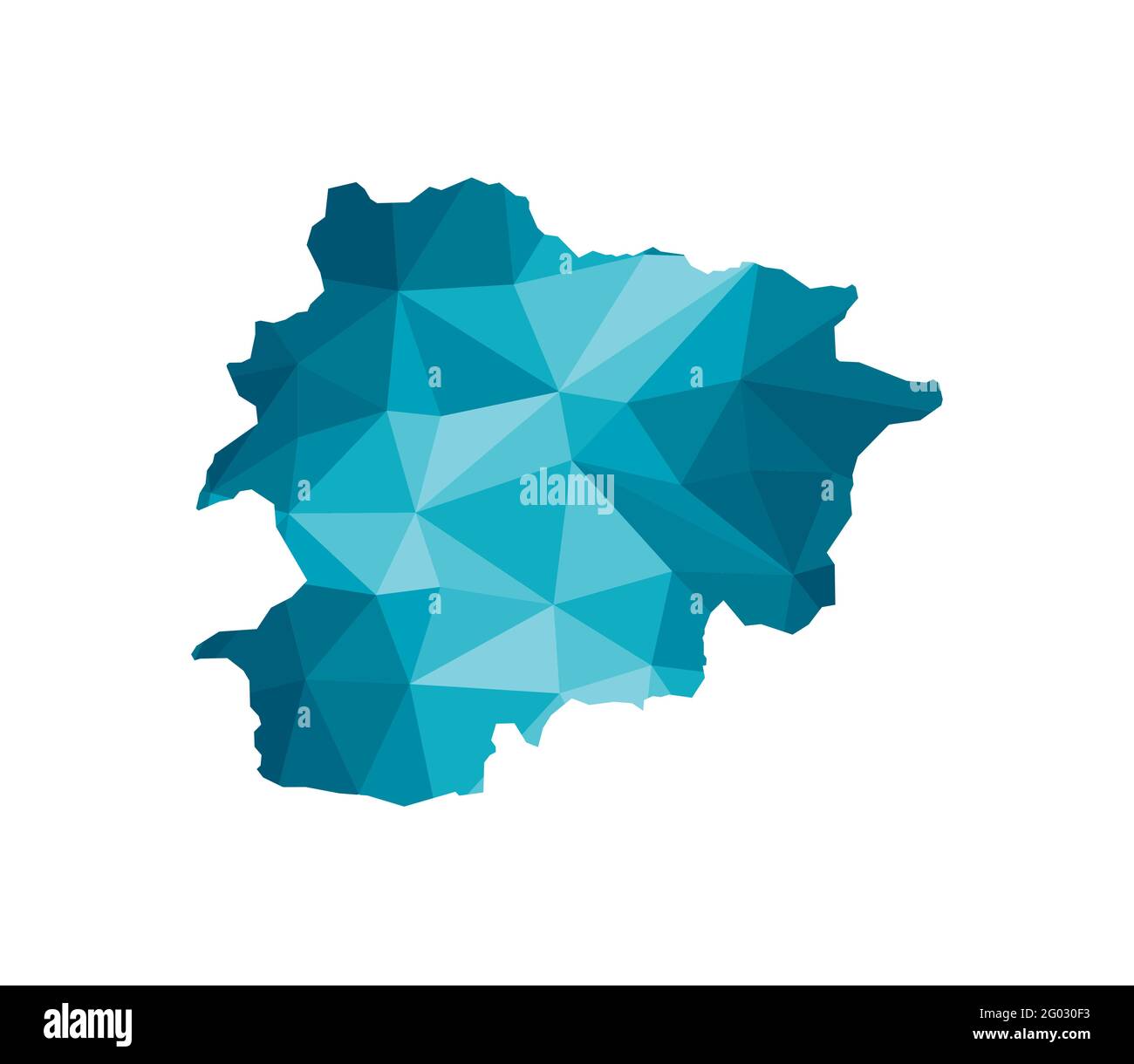 Icona di illustrazione vettoriale isolata con silhouette blu semplificata della mappa di Andorra. Stile geometrico poligonale, forme triangolari. Sfondo bianco. Illustrazione Vettoriale