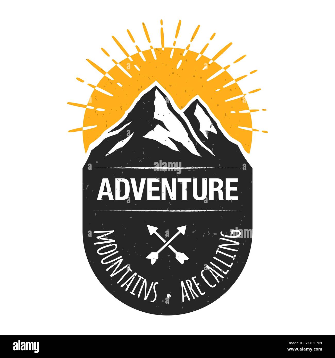 Alba in montagna vettore viaggio badge, isolato sullo sfondo. Illustrazione Vettoriale