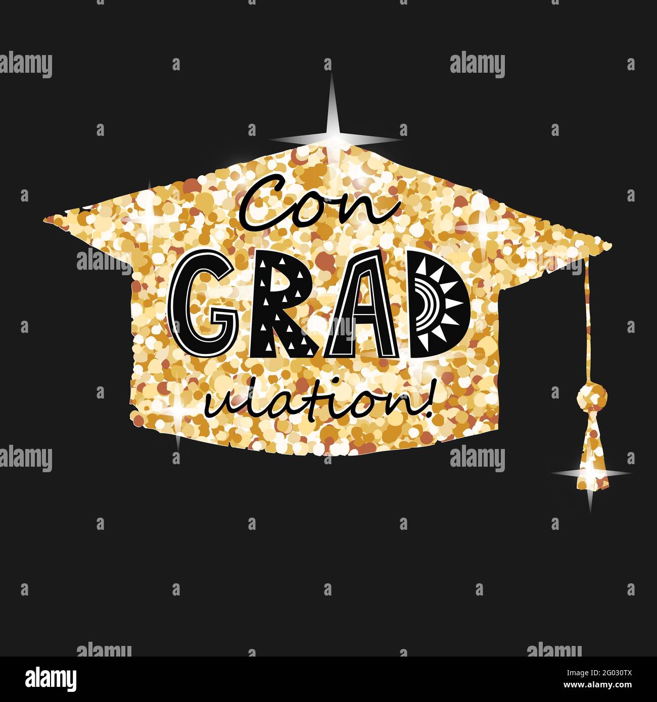 Congratulazioni per la laurea, berretto oro con scritta a conradulazione in sfondo nero. Biglietto d'auguri per una festa di laurea Illustrazione Vettoriale
