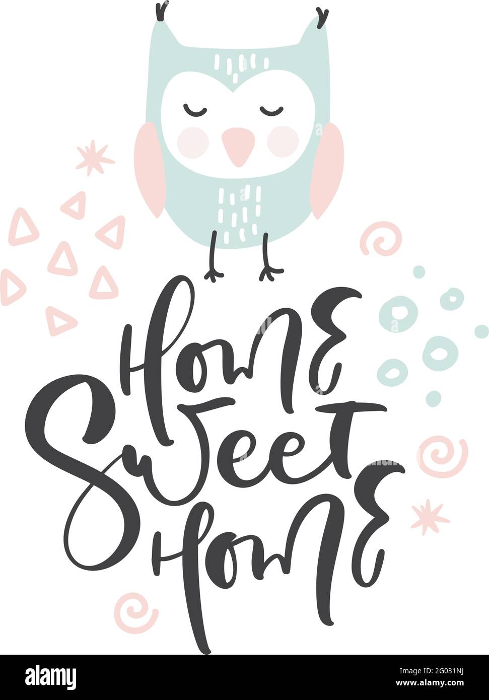 Carino mano disegnata proprio vettore di illustrazione in stile doodle e testo calligrafico Home Sweet Home. Bambini, baby design per carte, poster, arte di parete nido Illustrazione Vettoriale