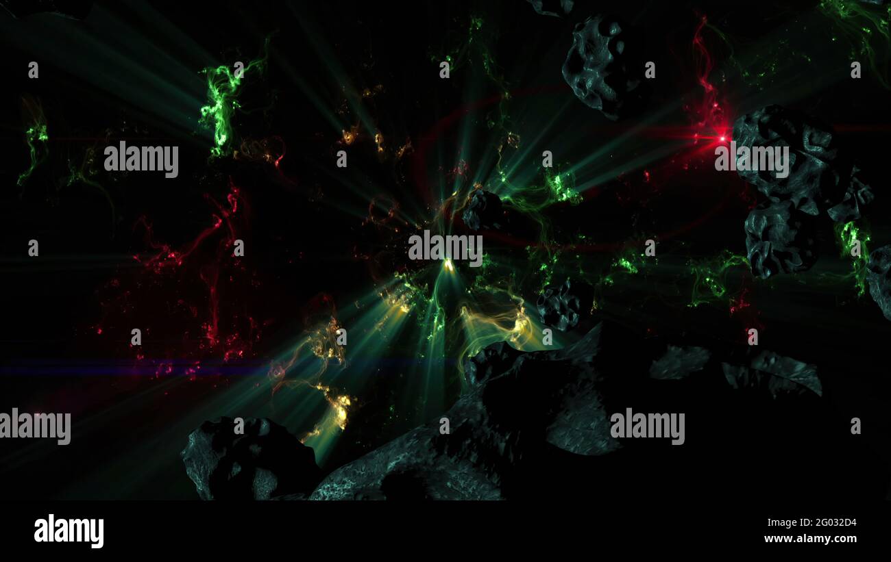 Illustrazione 3d - campo di Nebula e asteroide in Deep Space Foto Stock