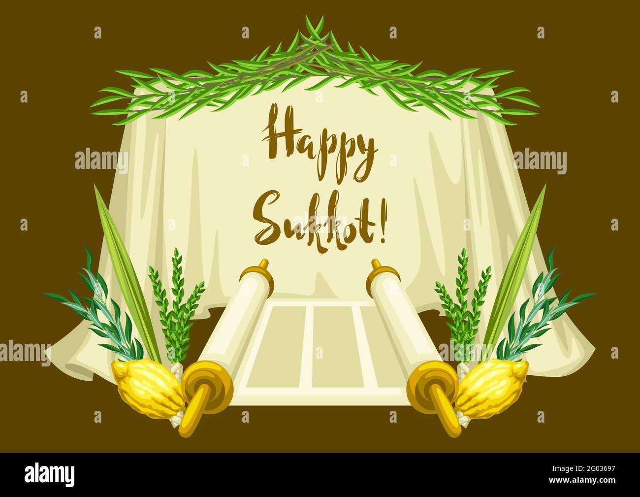 Felice biglietto di auguri Sukkot. Sfondo delle vacanze con i simboli tradizionali del festival ebraico. Illustrazione Vettoriale