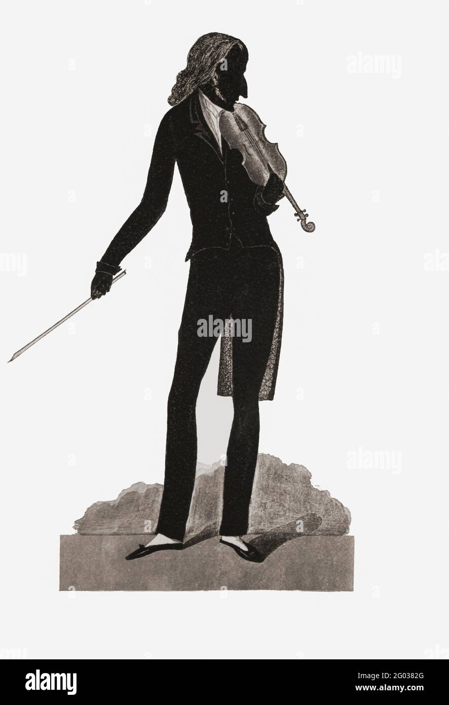 Silhouette del virtuoso violinista italiano, chitarrista e compositore Niccolo Paganini, 1782 - 1840. Foto Stock