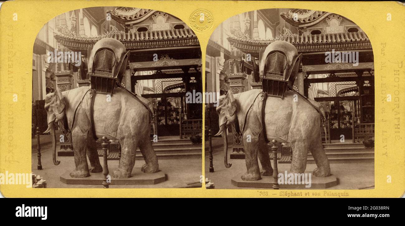 Vista stereoscopica di una statua di elefante con palanquin all'esposizione Universelle del 1867, Parigi, Francia, 1867. Fotografia di Léon & Lévy Foto Stock