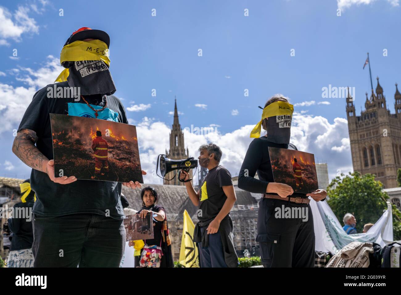 LONDRA, UK – circa Settembre 2020: Estinzione i manifestanti della ribellione detengono immagini di disastri naturali causati dal cambiamento climatico durante una dimostrazione Foto Stock