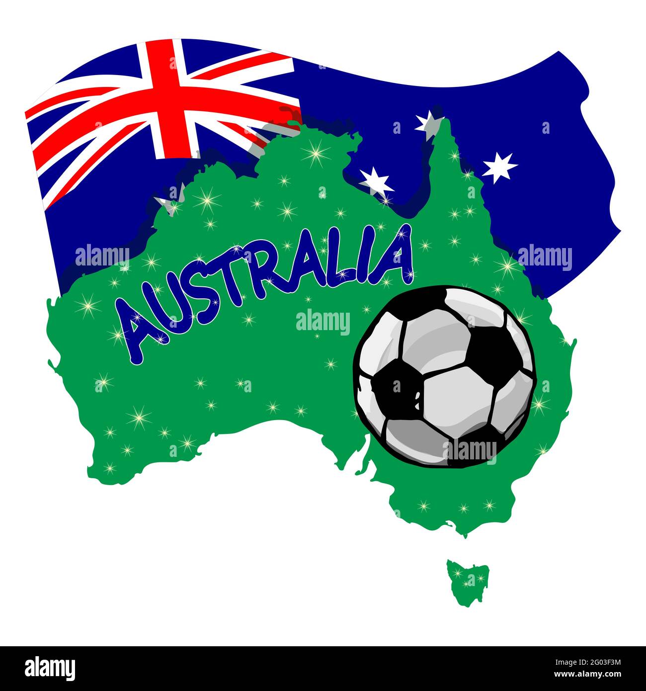 Pallone da calcio con continente australiano e bandiera isolata su sfondo  bianco. Concetto di calcio australiano. Nazionale australiana di calcio.  Vettore Immagine e Vettoriale - Alamy