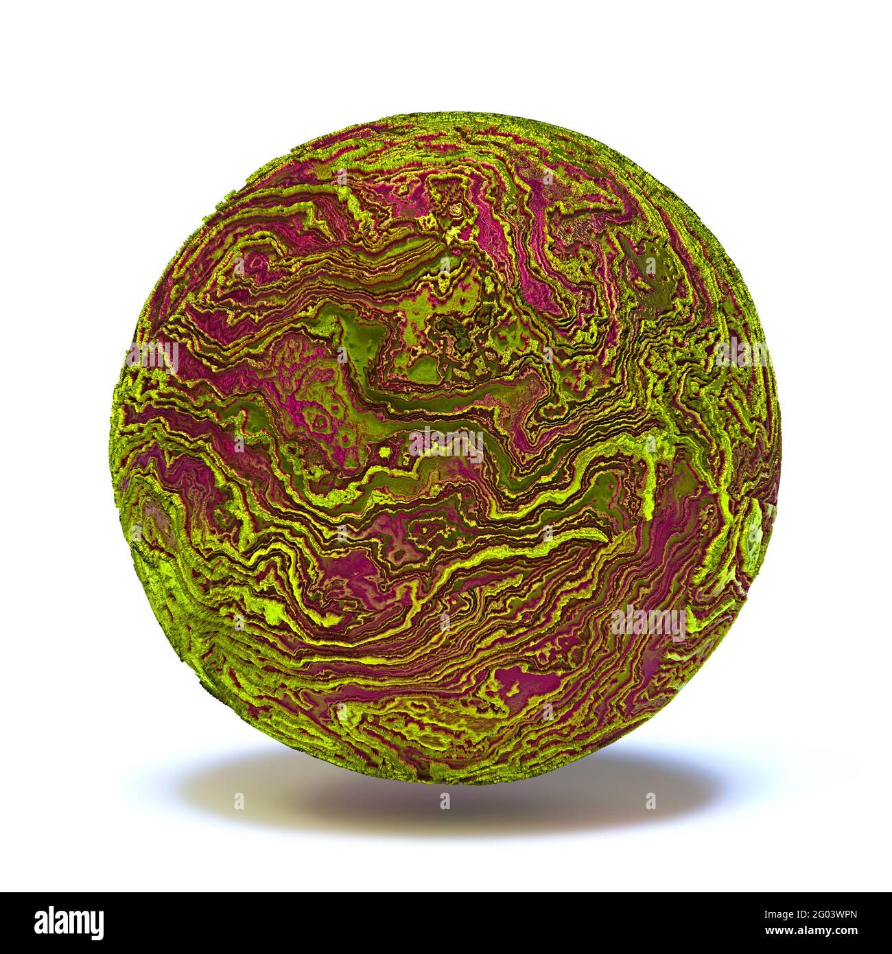 astratta sfera colorata sullo sfondo del palco, palla con superficie erosa Foto Stock