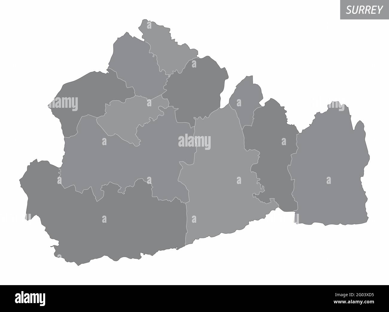 La mappa amministrativa della Surrey County divisa in scala di grigi e isolata su sfondo bianco, Inghilterra Illustrazione Vettoriale