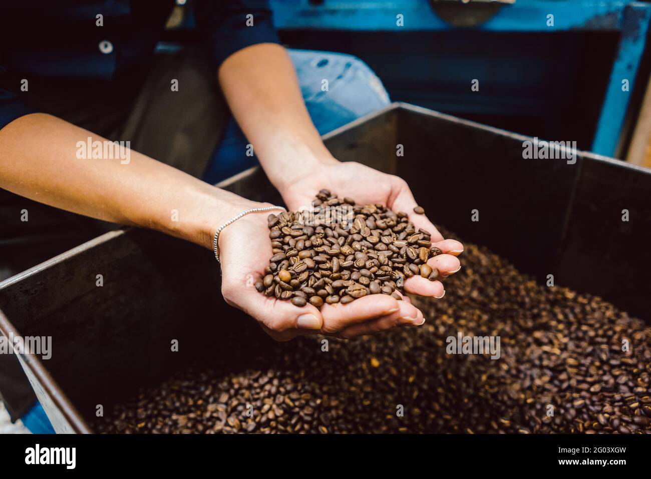 Barista con chicchi di caffè freschi Foto Stock