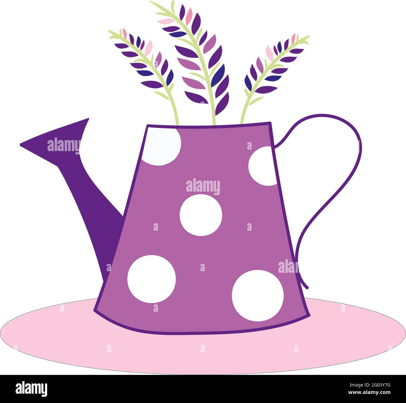 Vaso lilla in forma di lattina da annaffiatura, con motivo a pois di polka bianca, con ciuffi di lavanda dipinta Illustrazione Vettoriale