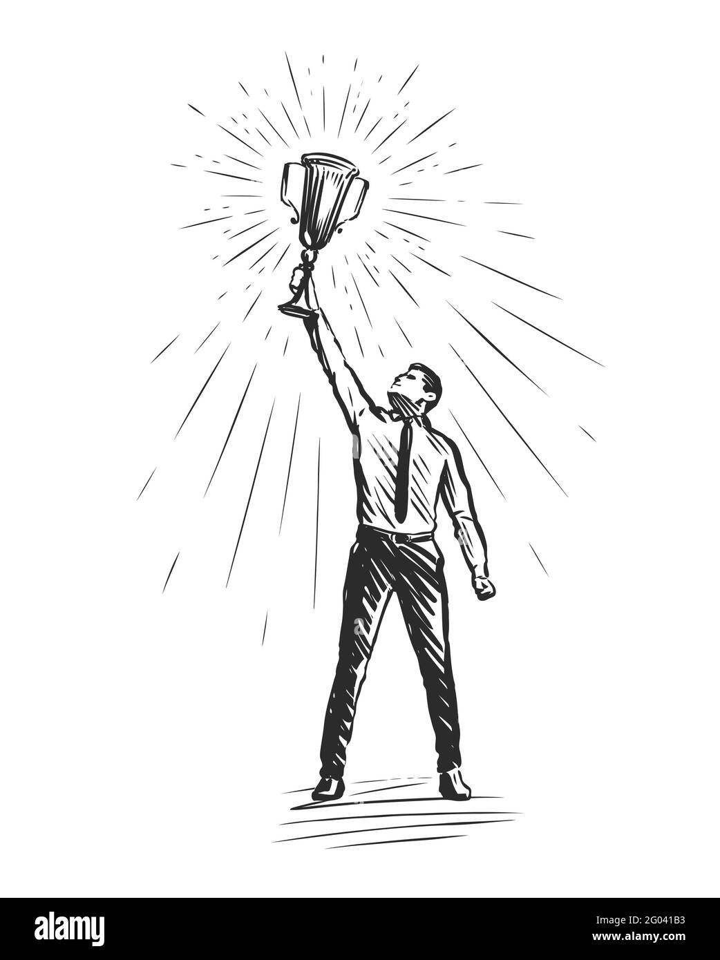 Uomo d'affari in possesso del trofeo vincente. Illustrazione vettoriale del concetto di successo aziendale Illustrazione Vettoriale