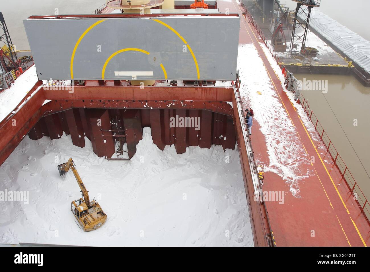 scarico della nave da carico, scarico del granulo di urea nel porto Foto Stock