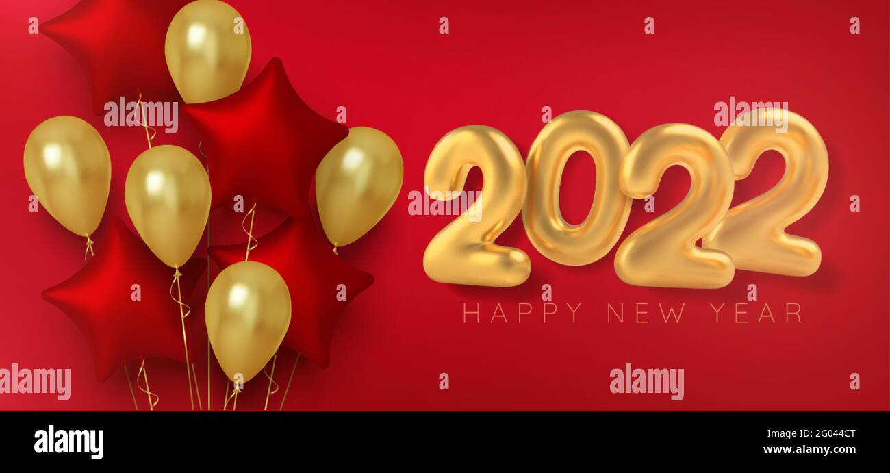 Palloncino metallizzato oro numeri 2022 su sfondo rosso. Vettore Illustrazione Vettoriale