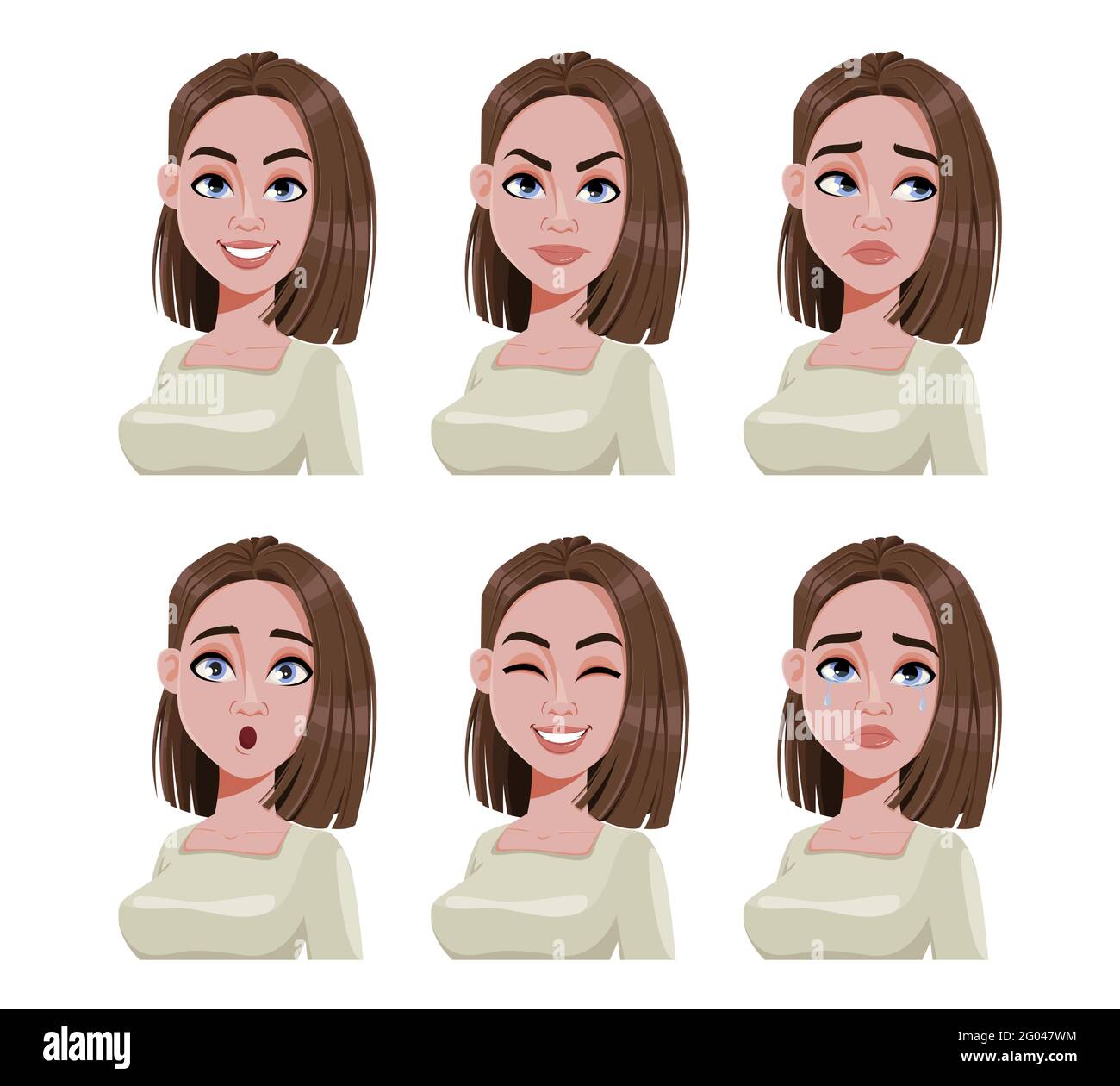 Espressioni del volto della donna con i capelli marroni. Diverse emozioni femminili. Bel personaggio cartoon. L'illustrazione vettoriale può essere utilizzata per avatar, emo Illustrazione Vettoriale