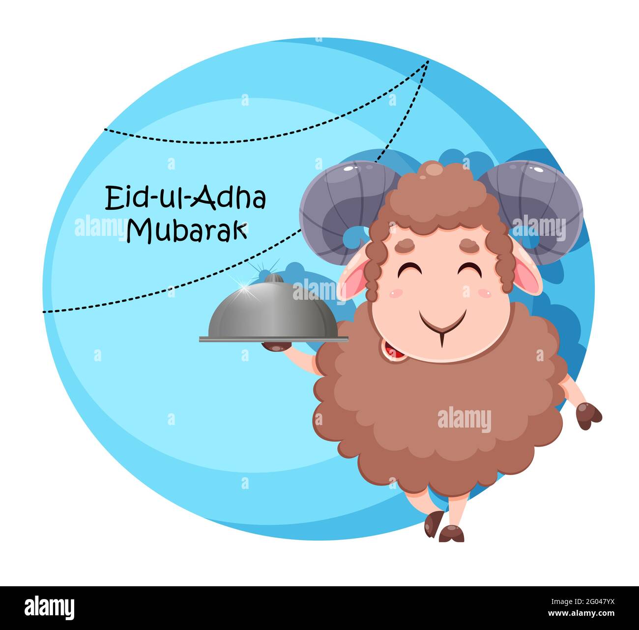 Biglietto d'auguri EID al Adha Mubarak. Cartoon pecora sacrificale per la celebrazione della festa musulmana tradizionale. Divertente personaggio RAM. Vettore stock ill Illustrazione Vettoriale