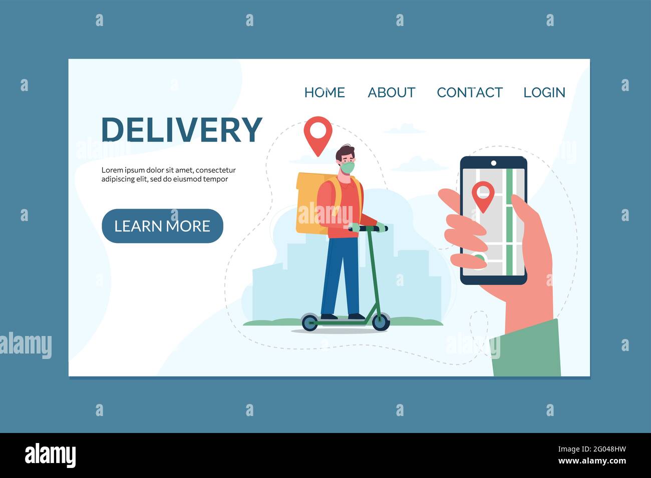 Concetto di servizio di consegna sicura senza contatto e applicazione per il monitoraggio degli ordini online, consegna a domicilio. Corriere su uno scooter elettrico, indossando una maschera medica, guanti. Modello di sito web con vettore piatto. Illustrazione Vettoriale