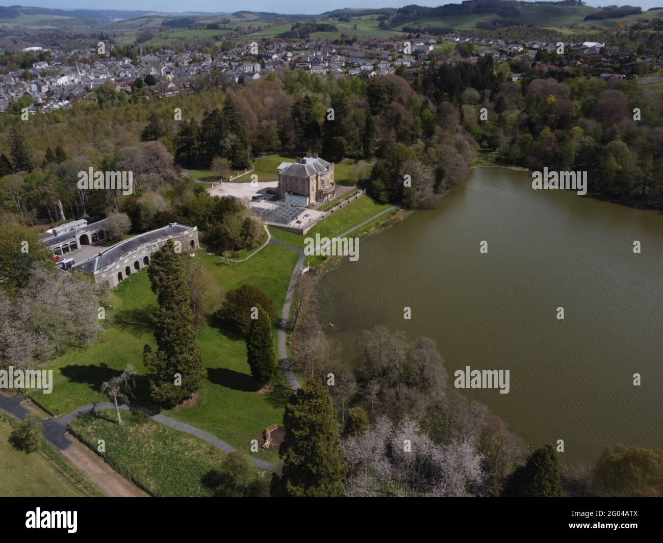 SELKIRK, SCOZIA. 11 maggio 2021. Veduta aerea della Casa e tenuta di Haining a Selkirk, frontiere scozzesi. Foto Stock