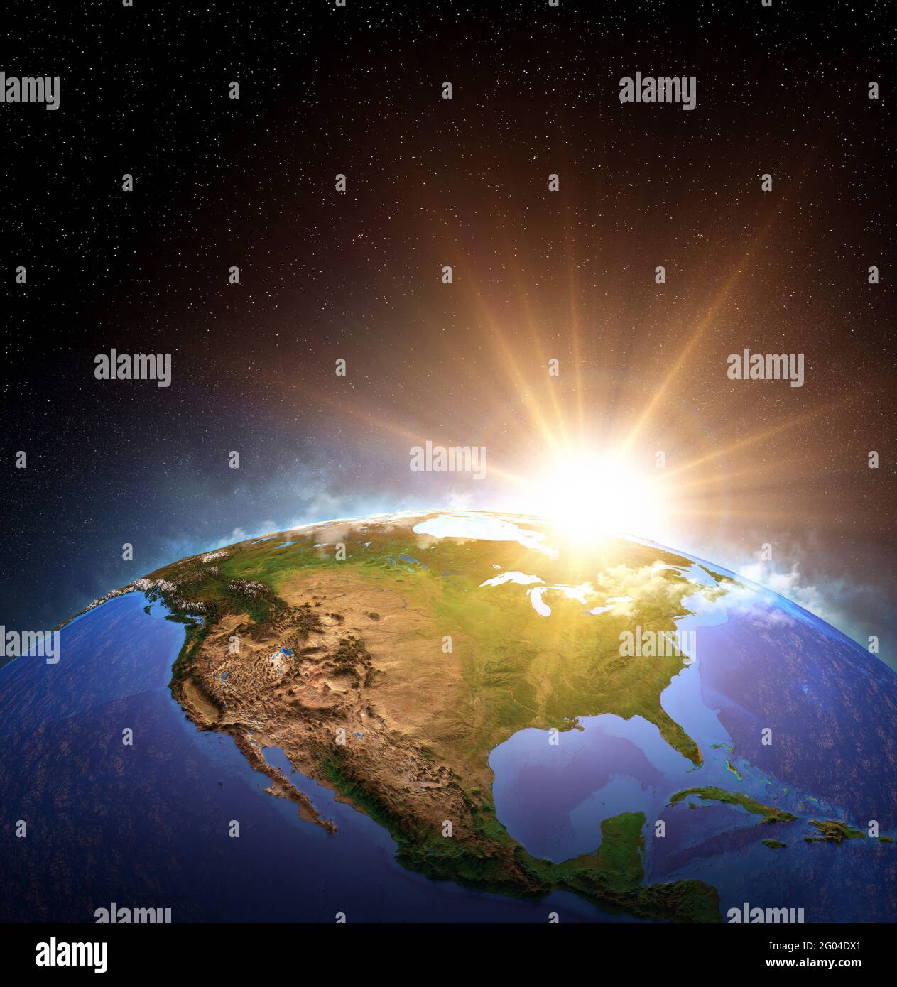 Superficie del pianeta Terra dallo spazio, focalizzata sul Nord America, Stati Uniti. Alba, esplosione, impatto sull'orizzonte. Illustrazione 3D - elementi di questa immagine Foto Stock
