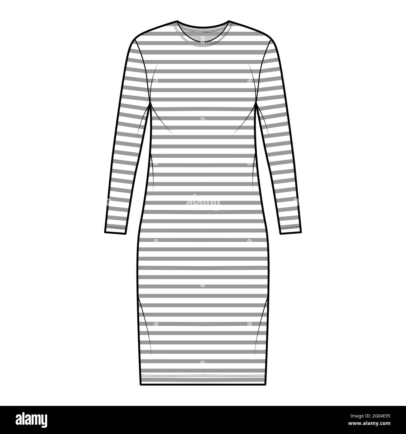 Abito marinaio illustrazione tecnica moda con strisce, maniche lunghe, corpo oversize, ginocchio lunghezza gonna a matita. Parte anteriore dell'abbigliamento piatto, colore bianco. Donne, uomini unisex CAD mockup Illustrazione Vettoriale