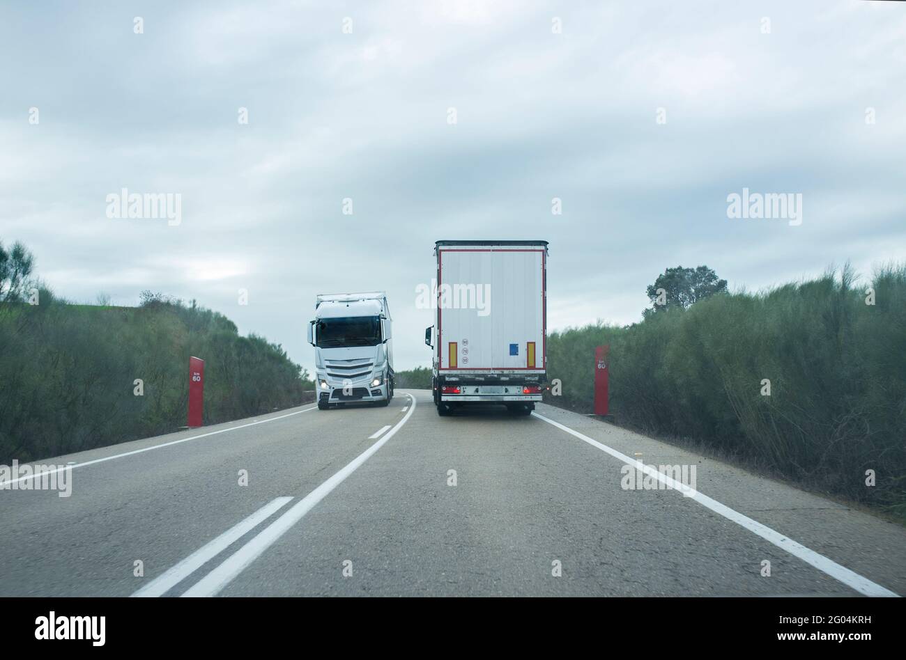 Traffico di autocarri denso. Carrelli in entrambe le corsie. Scena di guida Foto Stock