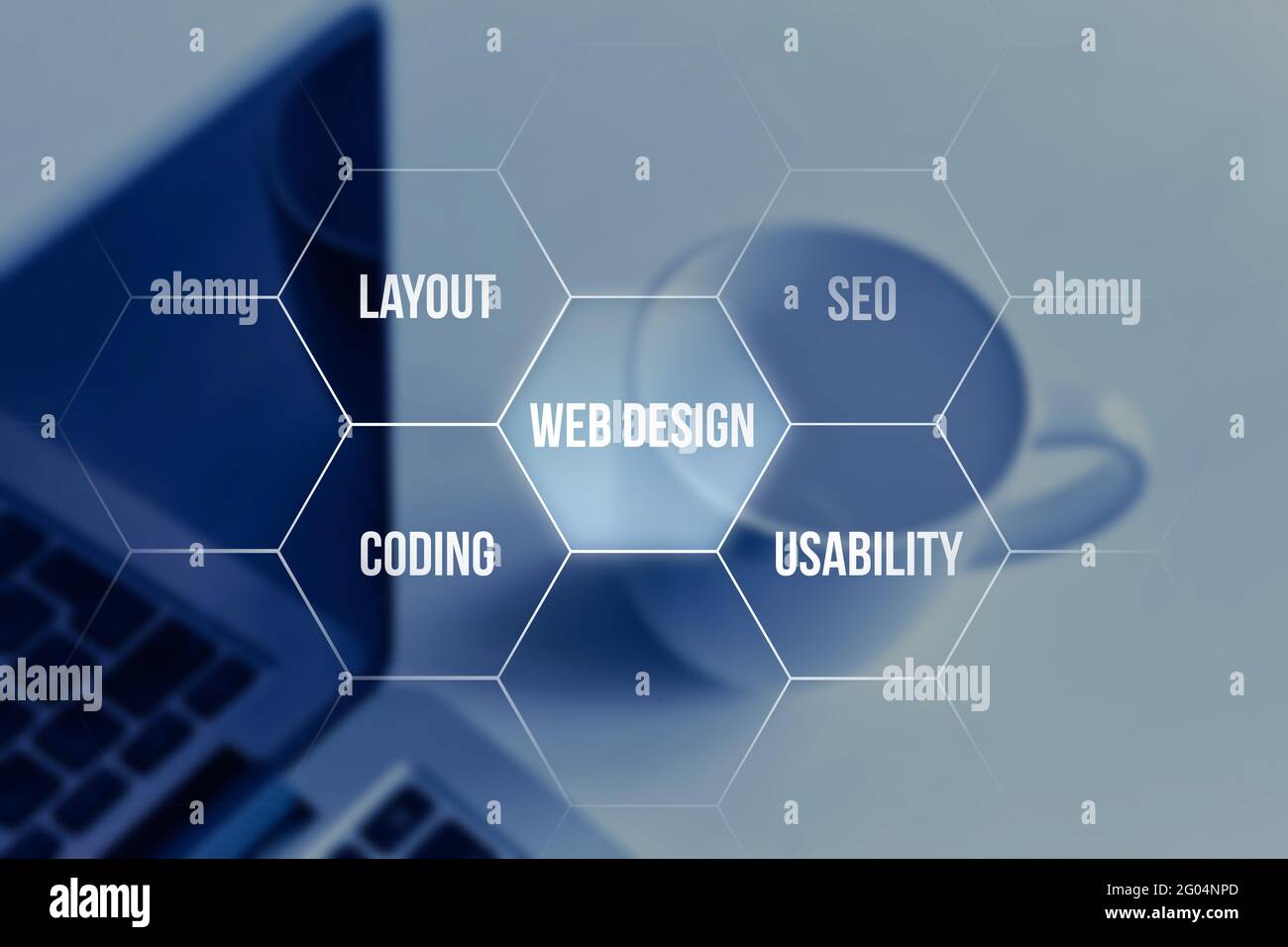 Concetto di Web design per pagine Internet su sfondo laptop. Foto Stock