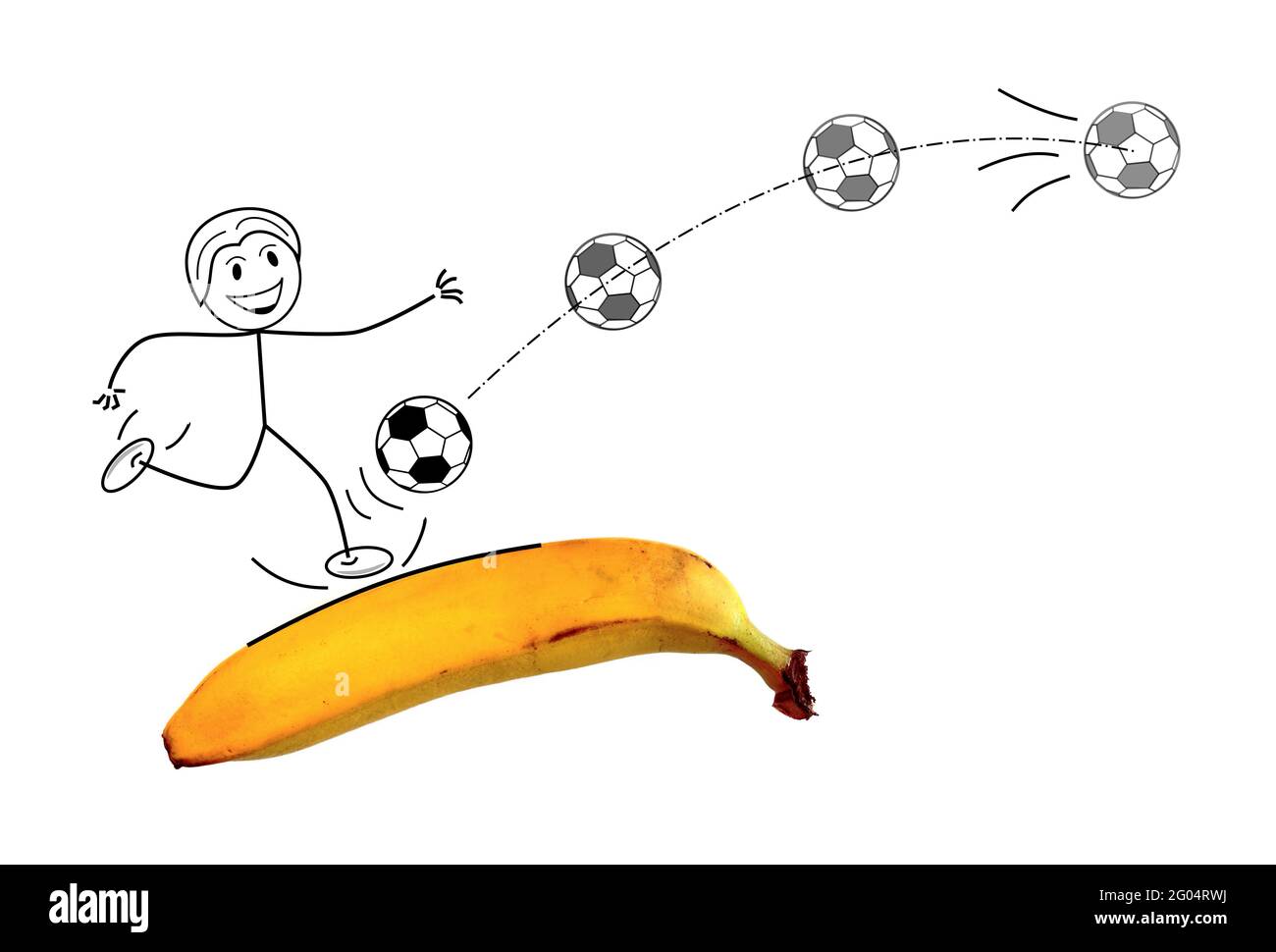 Illustrazione di un bambino che gioca a calcio e di una banana su sfondo  bianco Foto stock - Alamy