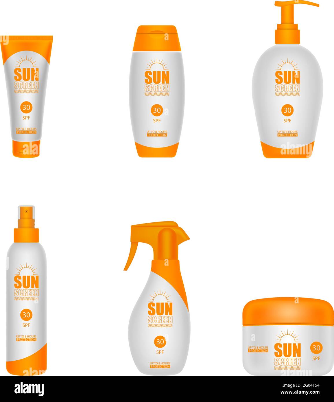Set di diversi tipi di bottiglie per la protezione solare Illustrazione Vettoriale
