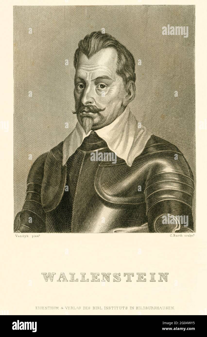 Europa, Tschechien, Hermanice, Hermanitz an der Elbe, Böhmen, Wallenstein, Albrecht von Waldstein, böhmischer Feldherr, Stahlstich , Verlag des Bibl. Instituts in Hildburghausen, 1850er Jahre, Rechte werden nicht vertreten . / Europa, Repubblica Ceca, Hermanice, Boemia, Wallenstein, Albrecht von Waldstein, capo militare boemo, incisione in acciaio, pubblicato da Bibl. Istituto di Hildburghausen, intorno al 1850 anni , non ci sono diritti . Foto Stock
