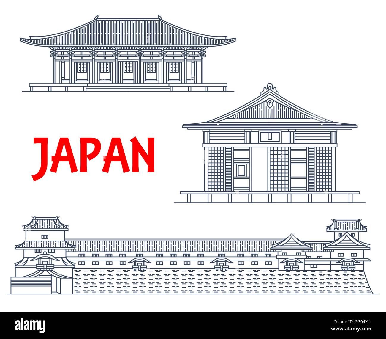 Luoghi di interesse giapponesi, edifici di templi, architettura Buddha, icone di linee vettoriali. I famosi santuari Shintoos giapponesi Toshodai-ji e il tempio Fuku-ji Illustrazione Vettoriale