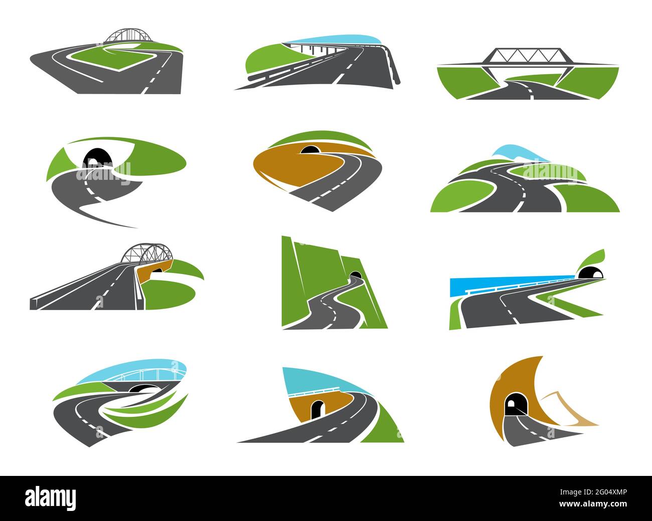 Autostrada, sentieri icone strada con ponte, crocevia e tunnel. Autostrada asfaltata, vettore che si snoda in autostrada di montagna con incrocio e curve. Illustrazione Vettoriale