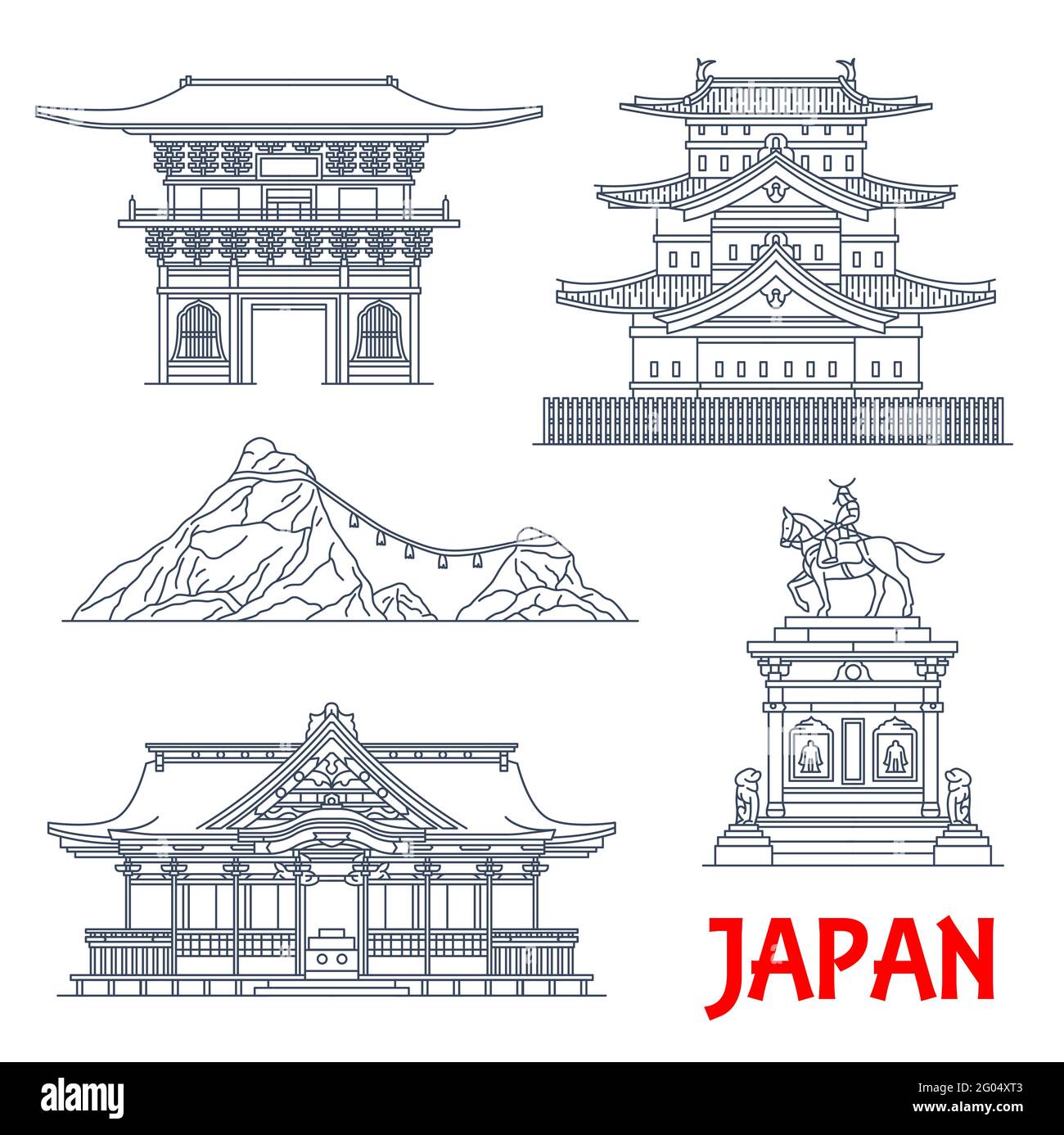 Architettura giapponese, monumenti storici dei templi e le case dei templi giapponesi, icone degli edifici vettoriali. Giappone famosi monumenti religiosi del tempio Tosho-ji, Osaki ha Illustrazione Vettoriale