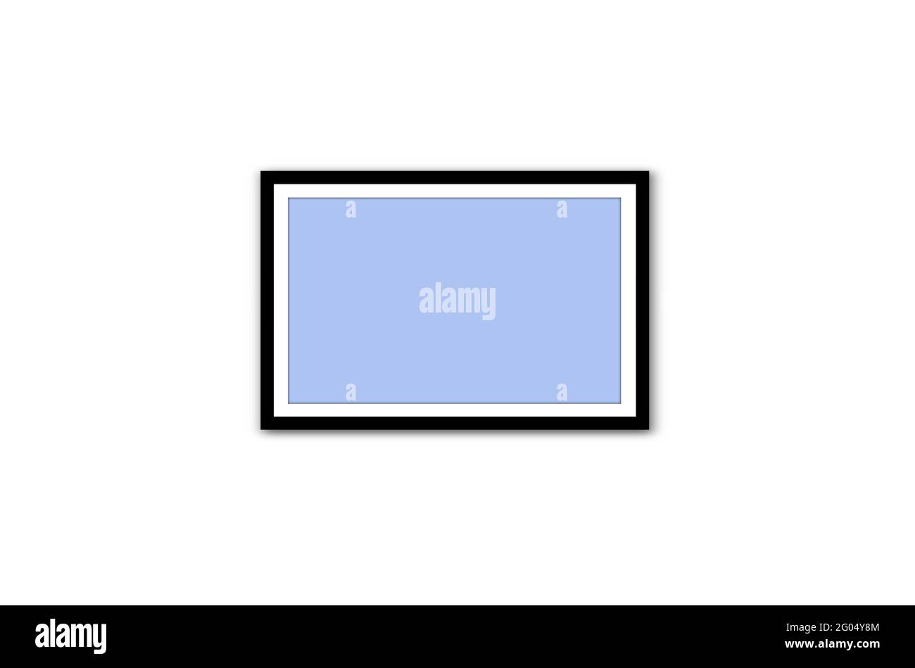 1 cornice fotografica orizzontale blu vuoto con bordi neri aggancia in bianco parete bianca. Una cornice rettangolare tridimensionale. 3D Foto Stock