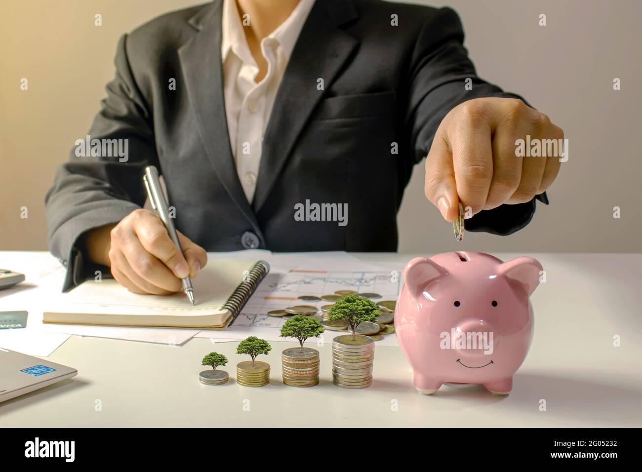 Gli uomini d'affari stanno mettendo le monete nelle banche piggy, nei maiali e nelle piante crescenti sulle monete che aumentano per le idee di affari, di finanza e di contabilità. Foto Stock