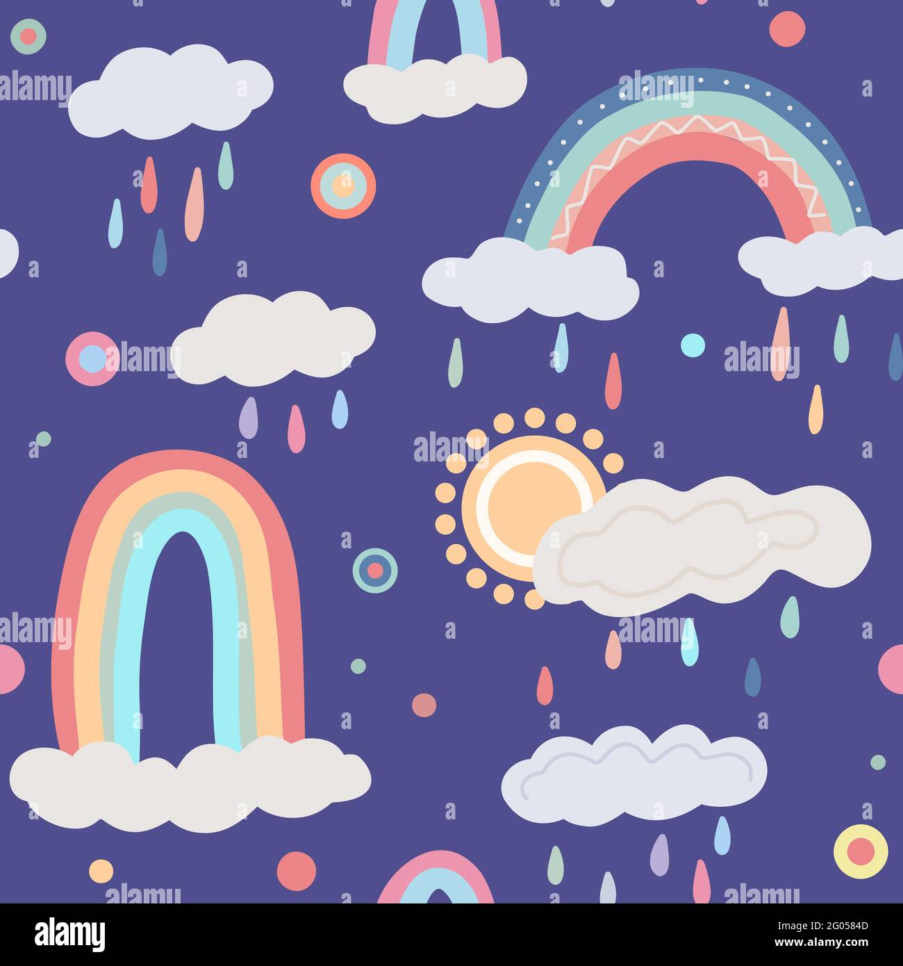 Carino modello infantile con diversi arcobaleni, nuvole, sole su sfondo viola con gocce e punti colorati. Texture naturale vettoriale. Cielo piovoso delicato Illustrazione Vettoriale